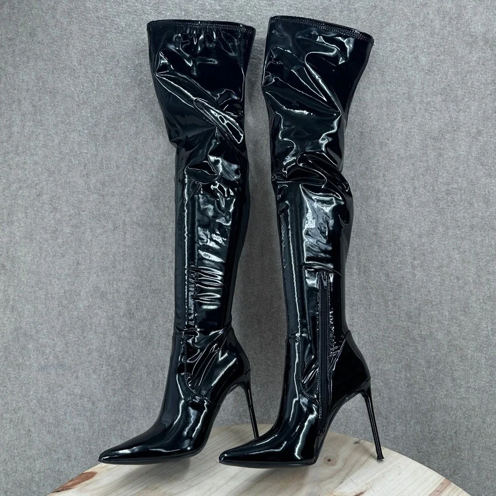Steve Madden Viktory Patent Faux Leather Thigh High Stiletto Boots Toe Over Knee